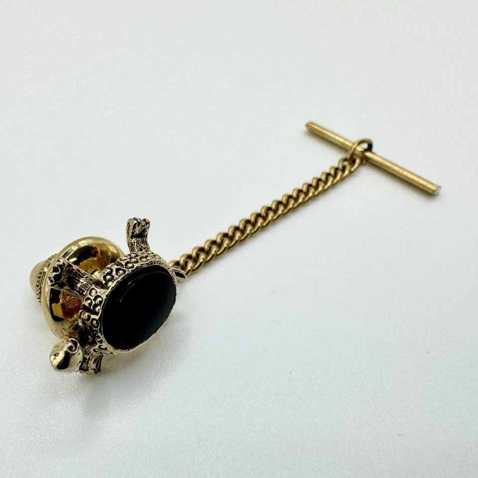 Pin de corbata de tortuga tono dorado vintage con cadena y barra negro acrílico ovalado cabujón Foto 2 de 4