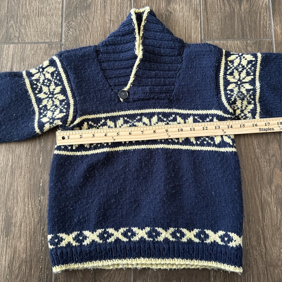 Hand Knit Fair Isle Shawl Collar Sweater Kids Med 7/8 Navy Yellow Snowflakes - Image 4 of 4