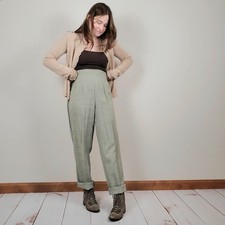 Vintage 90s Y2K Matcha Latte Green White Cross Hatch High Rise Trousers Womens M