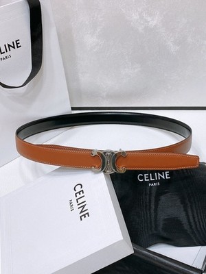 CELINE Brown/Black Reversible Calfskin Belt with Triumphal Silver logo, Size 85