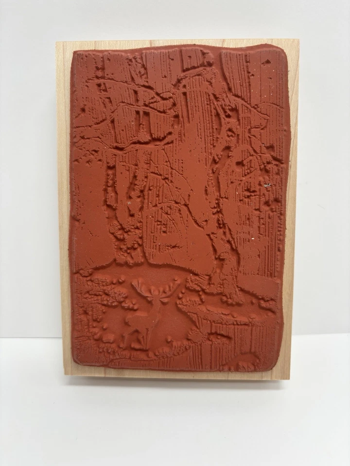 Penny Negro Invierno Madera Paisaje Ciervo Cielo en la Tierra Grande Sello de Goma ¡Nuevo! Foto 2 de 4