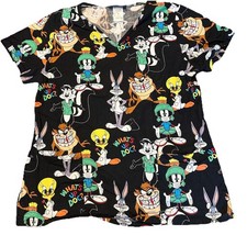 Looney Tunes Scrub Top Medium Bugs Bunny Tweety Taz Medical Cartoon Shirt