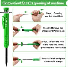 3 Pack Carpenter Pencil with 24 Refills (Red, Black, Yellow), 2.8 mm Heavy Du...