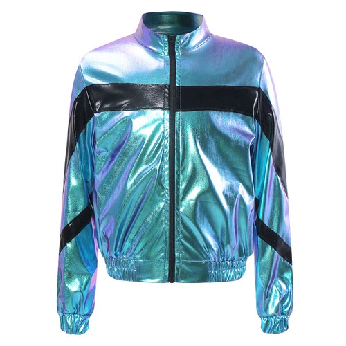 Girls Boys Metallic Bomber Moto Jacket Coat Hip Hop Jazz Modern Dance Disco Top - Picture 92 of 117
