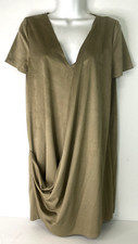 Zara Dress Woman Size S brown faux suede sheath v neckline draping front