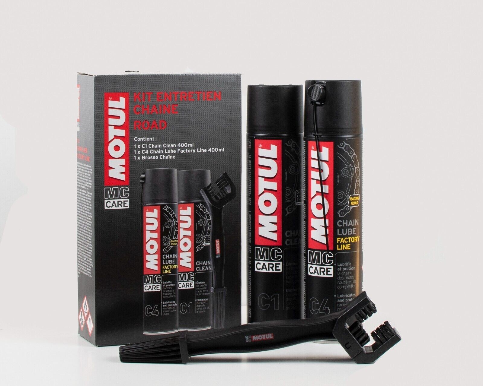 Nettoyant chaîne moto Motul C1 et graisse C4 pour rouler sur piste en toute sécurité