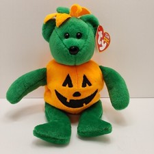 2003 TY Green "Tricky" Beanie Baby Jack O'lantern Costume Halloween Bear Pumpkin