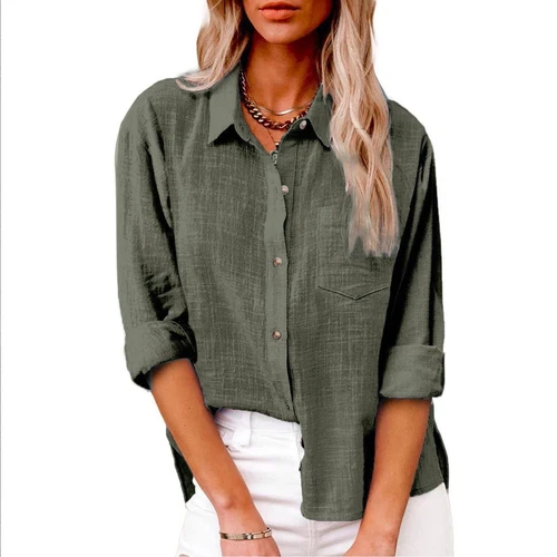 Women Linen Cotton Shirt Button Up Tops Long Sleeve Casual Loose Blouse Casual - Bild 14 von 48