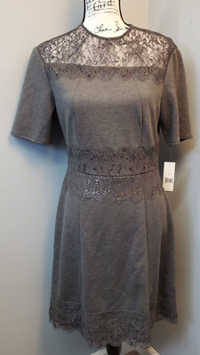 Donna Morgan Sheath Dress Women 6 Gray Lace Trim Short Sleeve Crew Neck Back Zip