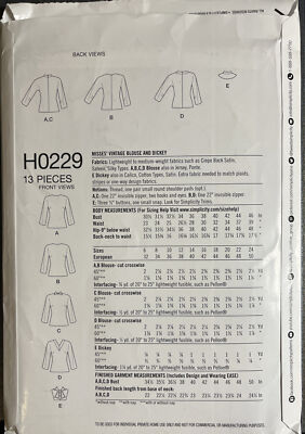 SIMPLICITY PATTERN 8692 MISSES 50'S VTG STYLE BLOUSE DICKEY Sz 6