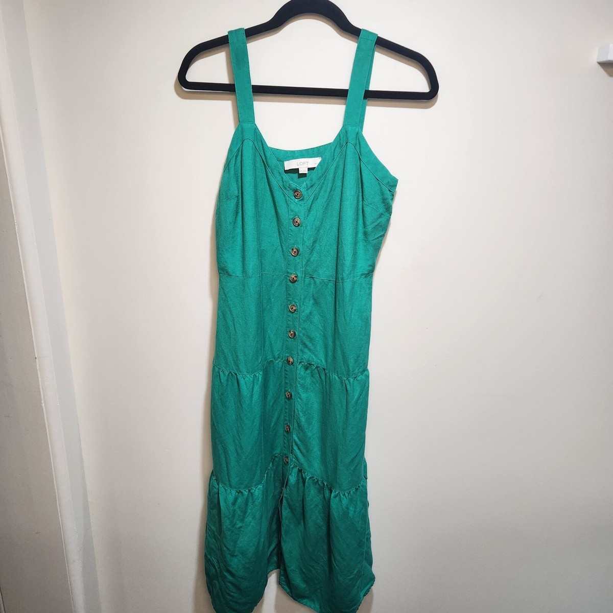 Ann Taylor Loft Green Linen Blend Strappy Button Tiered Midi Dress Sz 6  Petite
