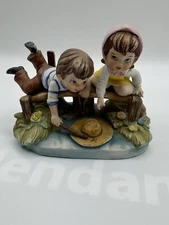 Artmark Porcelain Boy and Girl Figurines On Bridge Hat In Stream Creek VINTAGE
