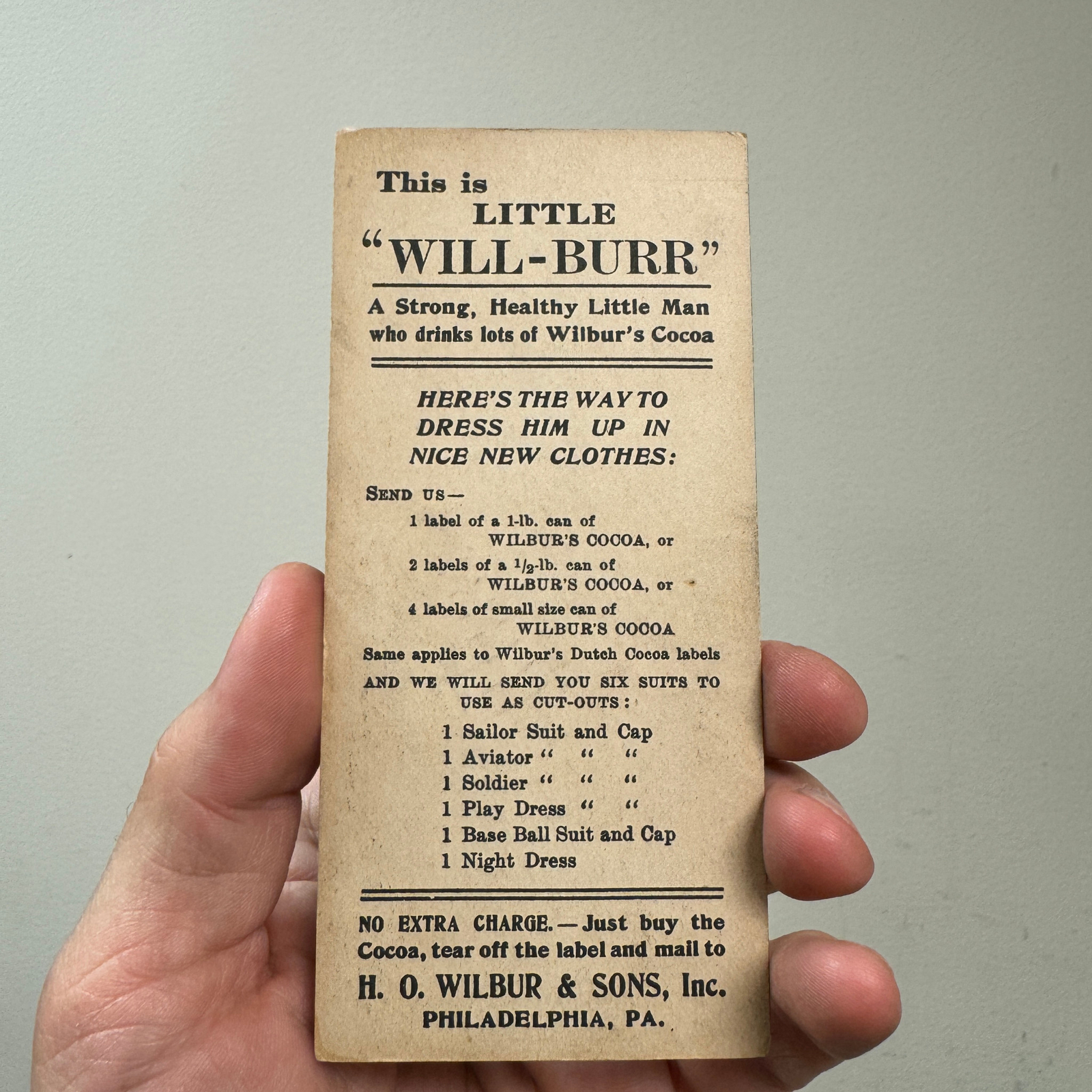 Vtg Wilbur's Cocoa Trade Card Advertising Paper Doll WILL BURR Chocolate