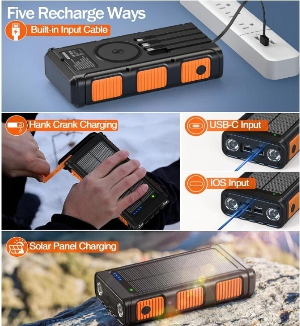 Power Bank Wireless Charger 45800mAh Built in Hand Crank and 4 Cables 15W Fas...
