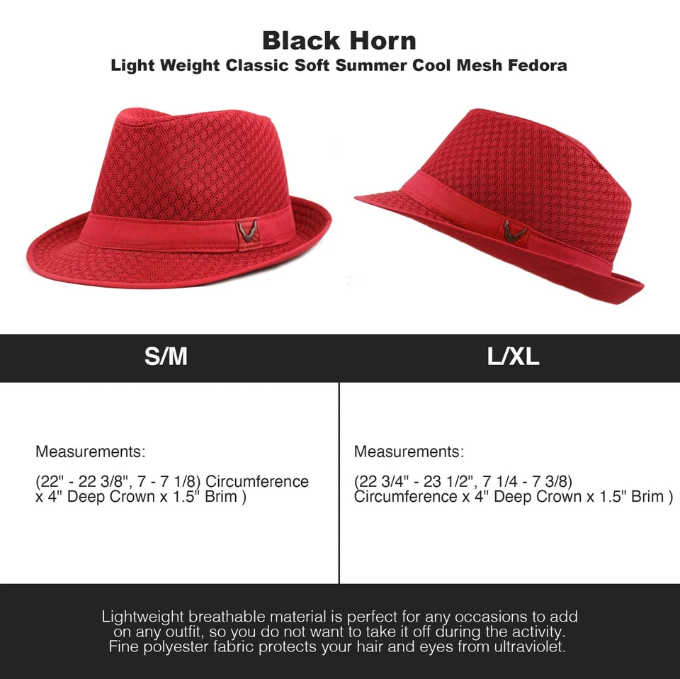 Fedora Hat - Black Horn Light Weight Classic Soft Summer Cool Mesh Fedora 1015 Foto 2 de 4