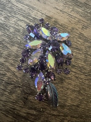 Vintage Sherman AB Rhinestone Brooch Purple Navette Spray 2.75  