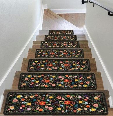 Floral Stair Treads for Wooden Steps Non-Slip 8''X30''15PCS Black Carpet Rubber