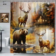 Cabin Lodge Bear Luminous Deer Woods Fabric Shower Curtain, Modern Rustic, 70x70