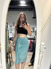 Vintage 80 s-90 s CHIA Turquoise Suede Leather Fringe Button Skirt