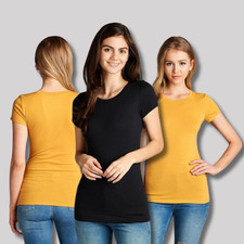 Women's Cotton Crew Round Neck Short Sleeve T-Shirt Soft Stretch Fitted Top Tee