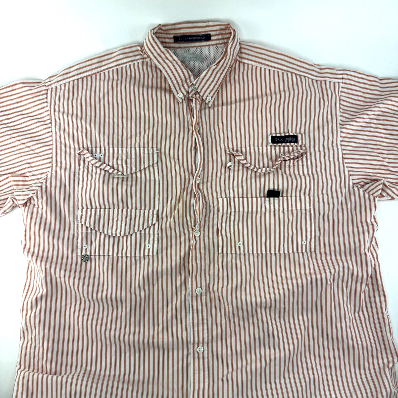 Columbia PFG Super Bonehead Vented Fishing Shirt Orange White Striped Mens XL