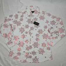 Barry Wang Long Sleeve Christmas Shirt Medium White with Red Print 20% Silk