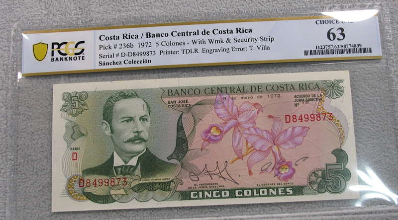 1972 5 Colones Pick 236b Costa Rica  ---- Choice Unc 63 PPQ PCGS  ---- #272