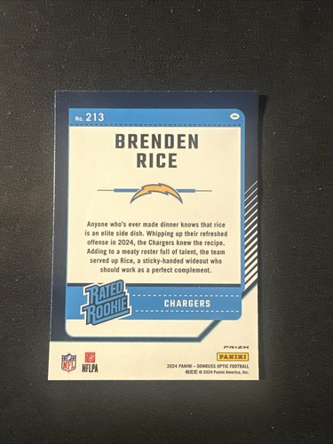 Panini Donruss Optic Brenden Rice 2024 - Clasificado Rookie RC Azul Hyper Prizm #213 - Imagen 2 de 2