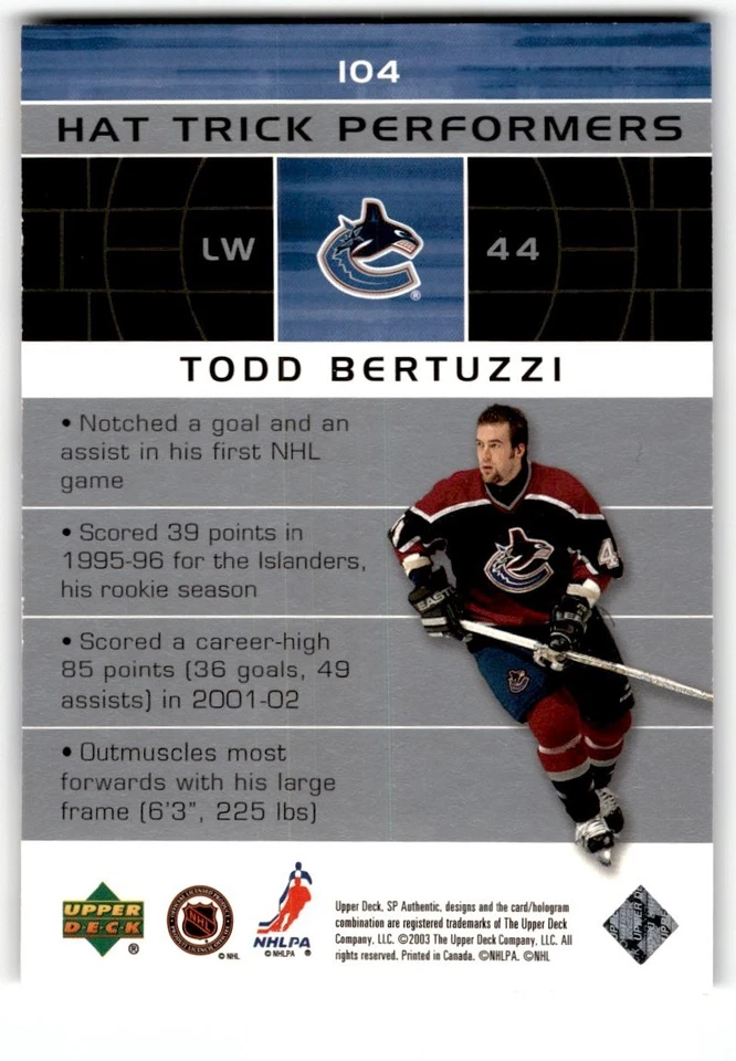 Todd Bertuzzi 2002-03 SP Authentic HTP /1499 #104 Vancouver Canucks - Image 2 of 2