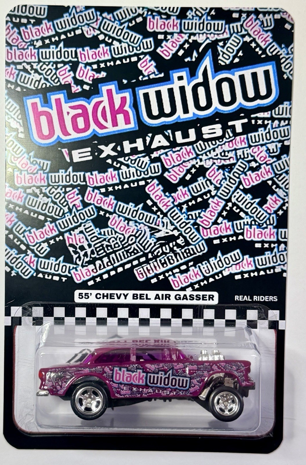 Hot Wheels Custom Made Black Widow Exhaust 55’ Chevy Bel Air Gasser On Rr Tires