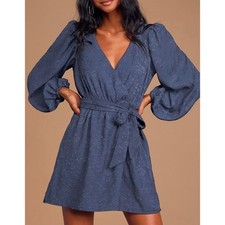 LULUS Its Love Jacquard Balloon Sleeve Mini Dress Navy Blue Small S