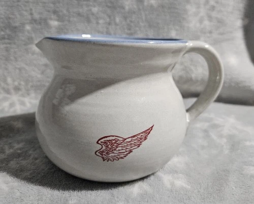 Red Wing Pottery Stoneware 4" Tall Mini Pitcher Creamer w/ Blue Rim