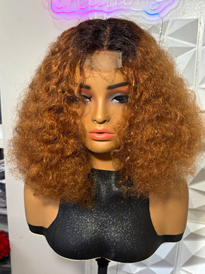 Dark Root 2x6 Closure 14 Inch Copper Auburn Kinky Curly Hair Blend Wig