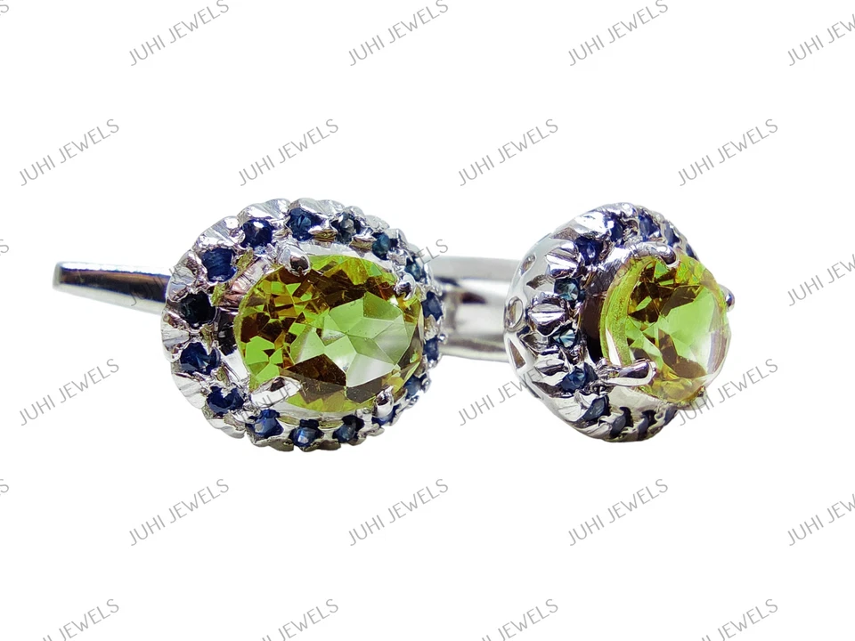 925 Silver Peridot Sapphire Cufflinks Men Natural Peridot Groomsmen Cufflink Men - Image 3 of 4