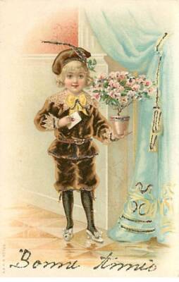 Happy New Year - Young Gar�on Bringing a Flower Pot - Straw Card - 23516