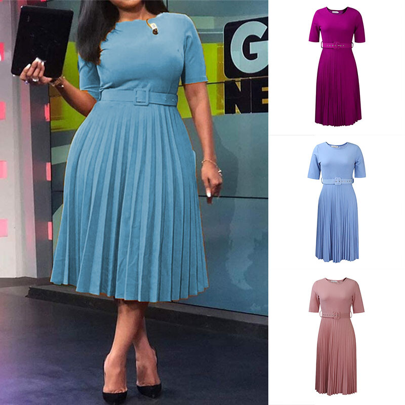 Women's Summer Short Sleeve Dress plus Size Dress Pleated Skirt High Waist  | eBay