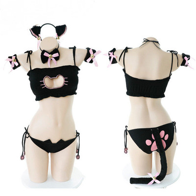 Cute Lolita Cat Brief Set Underwear Sexy Lingerie Bell Choker+Top+Pantie+Tail