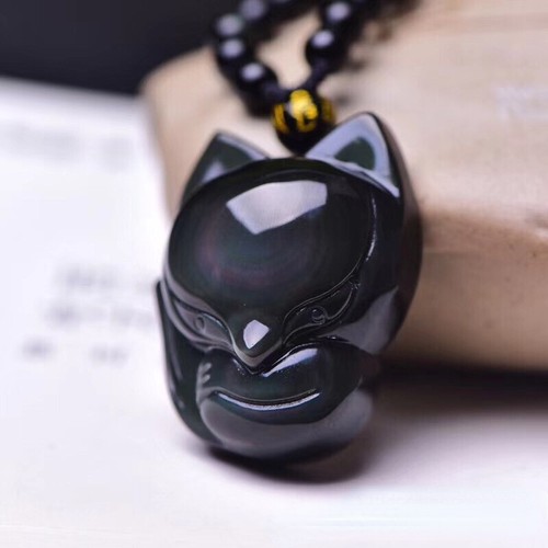 Natürlicher Kristall Regenbogen Obsidian großer Kopf Fuchs Halskette Anhänger mit Kette - Bild 2 von 9