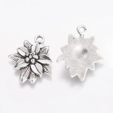 10 Poinsettia Flower Charms Christmas Findings Antique Silver Floral Pendants 