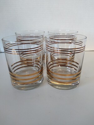 Set of 4 Mid Century Mod. Double Old Fashion Glasses with Gold Horizonal Stripes