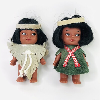 2 PCS Small Native American Child Kids Doll Souvenir Leather Clothing 3.75'' Gift