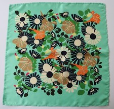 Soft Silk Scarf Neckerchief. Green floral 46cm square.