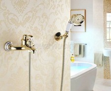 Gold Brass Wall Mount Bathroom Shower Faucet Hand Held Shower Mixer Tap Spray