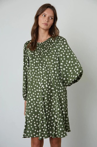 VELVET By Graham & Spencer Kenia Waist Tie Satin Polka Dot Dress Navy S $249 E4 - Picture 3 of 6