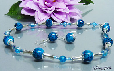 Glass Jewels Silver Jewelry Set Necklace Earrings Pearls Hippie Blue #E006