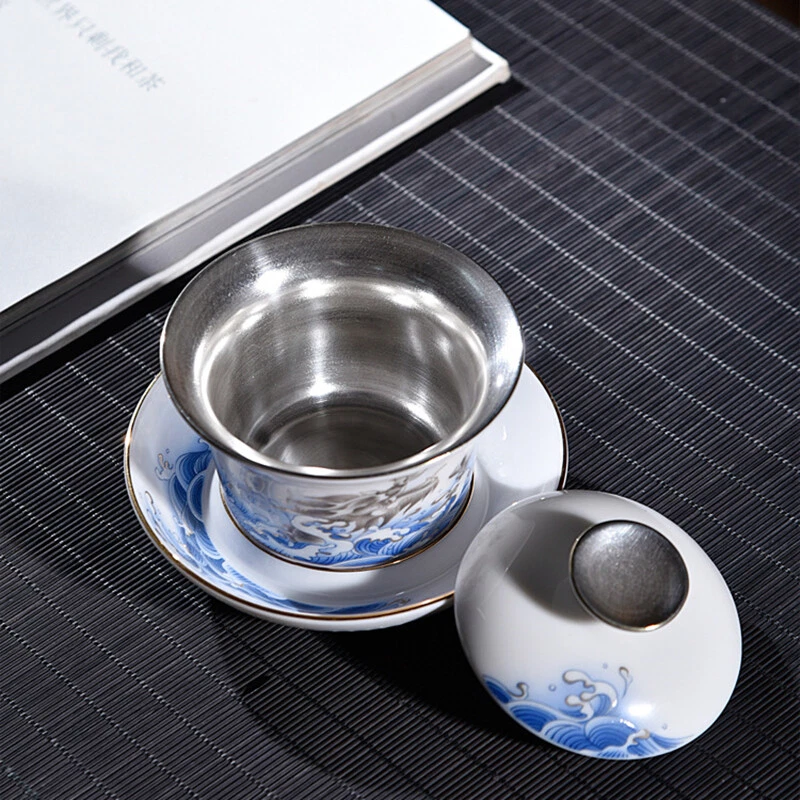 Juego de té de plata esterlina 999 porcelana Jingdezhen tetera taza con estampado de dragón Gaiwan Foto 2 de 4