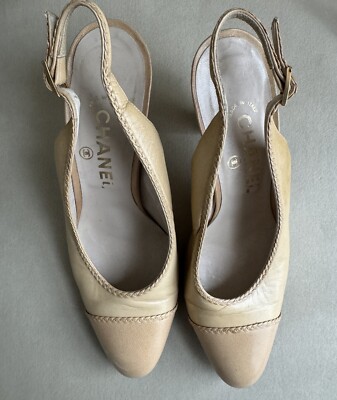 Chanel Vintage Sling back Size 6G Beige Leather Heels Shoes | eBay