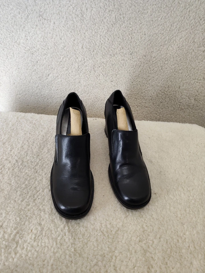 Mocasines Bass Galaxy para mujer 8 zapatos de cuero negro con punta cuadrada sin cordones de tacón bloque Foto 2 de 4