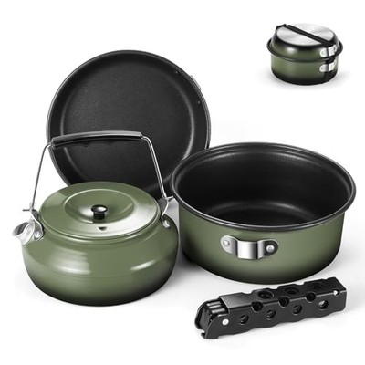 5-teiliges Camping Kochgeschirr Mess Kit, Antihaftbeschichtet Leicht Topf Pfanne Wasserkocher Set