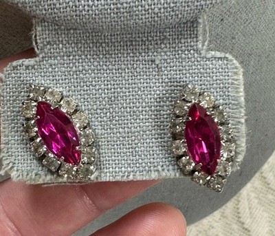 Vtg Faux Pink Ruby Faceted And Clear Crystal Earrings Pierced Silver Tone -Prom